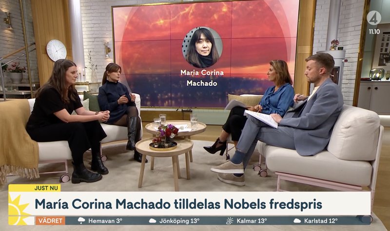 Här syns bilden på Han Kang, istället för María Corina Machado.Skärmavbild: TV4 Här syns bilden på Han Kang, istället för María Corina Machado.Skärmavbild: TV4